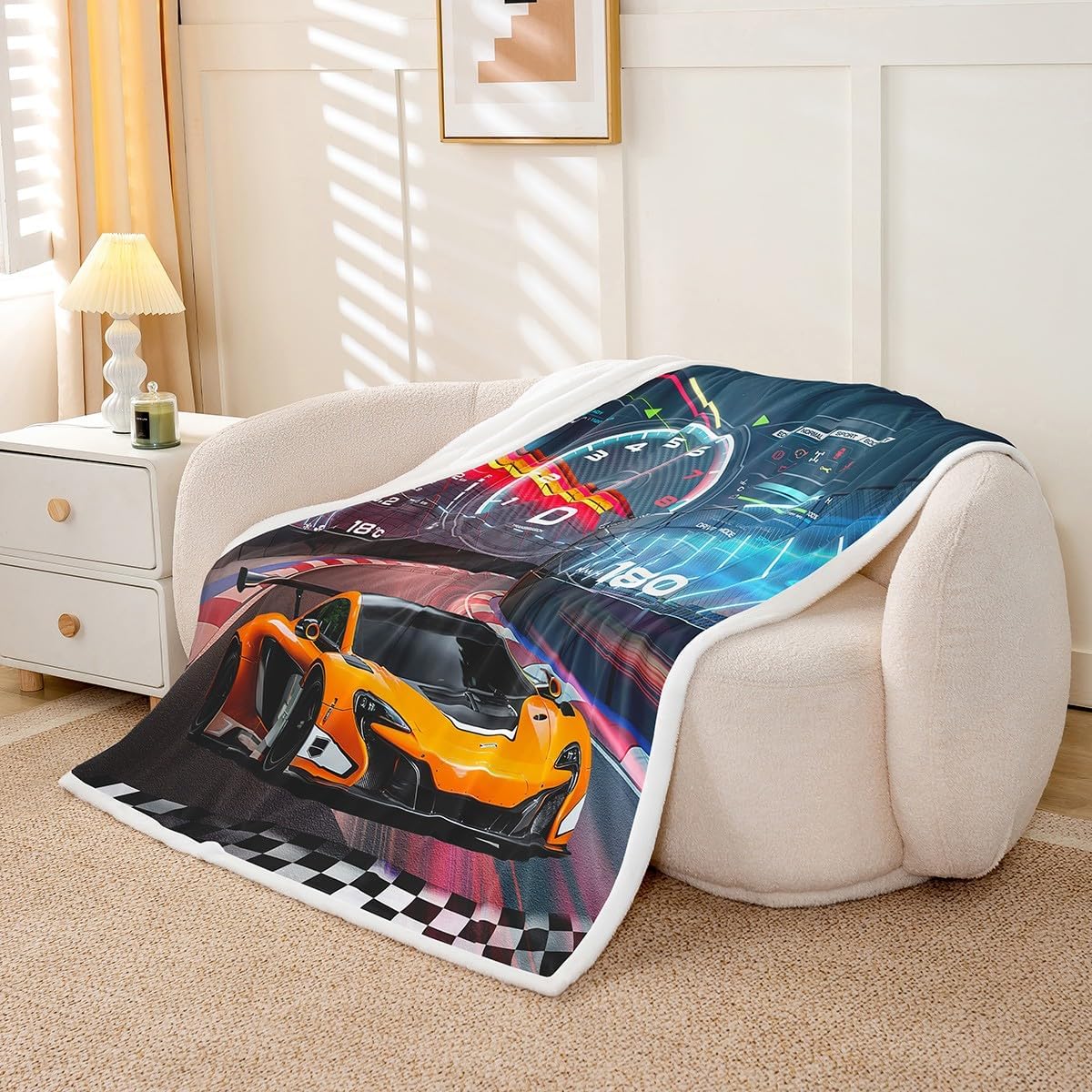 Feelyou Race Car Fleece Throw Blanket for Boys - Extreme Sports Sherpa Plush for Kids - Cool Fuzzy Blanket for Sofa, Bed, Couch - Queen Size 90x90 Inches
