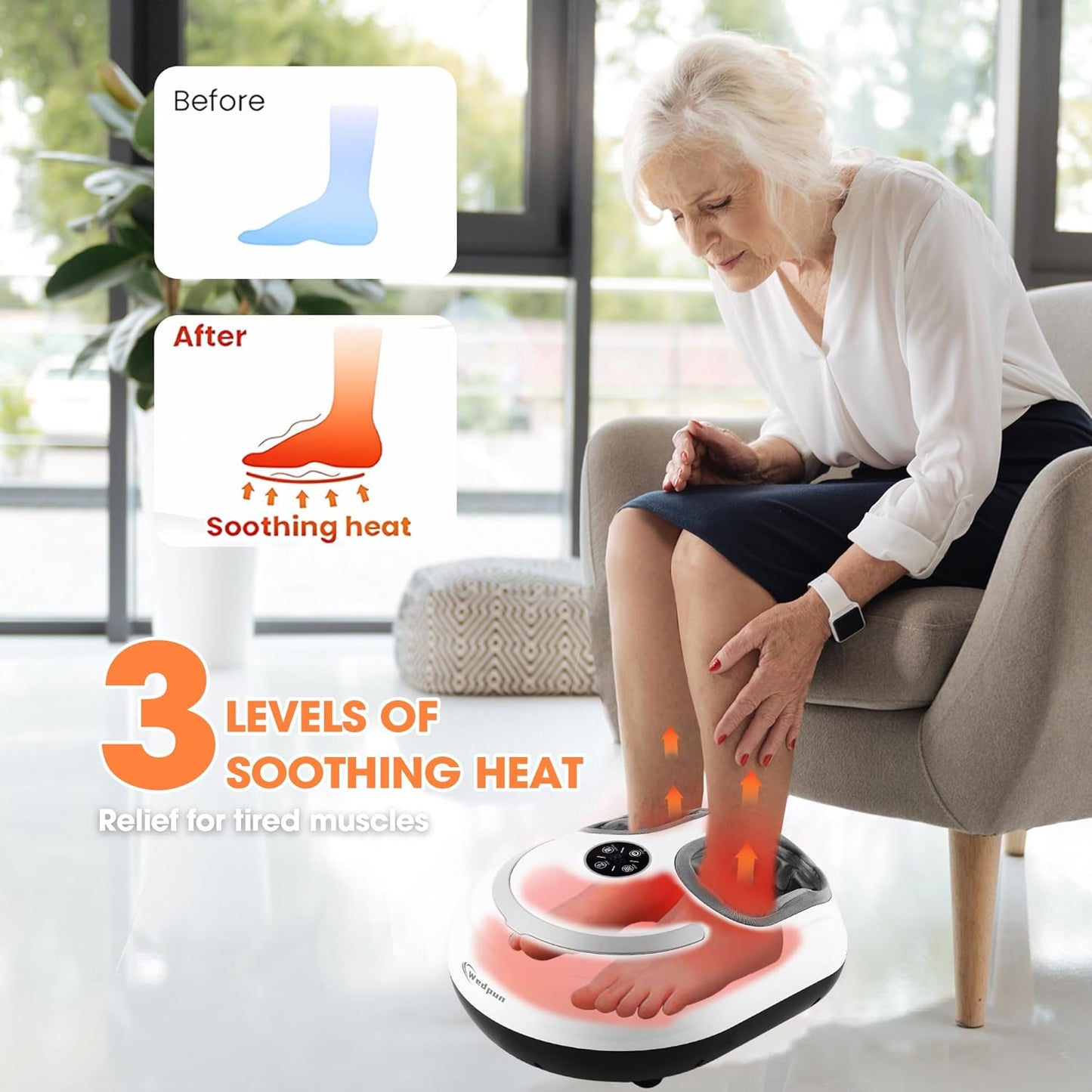 Shiatsu Foot Massager with Heat Electric Feet Massage Machine for Plantar Fasciitis Relief Adjustable Air Compression & 3 Temperature Levels Perfect for Home or Office White