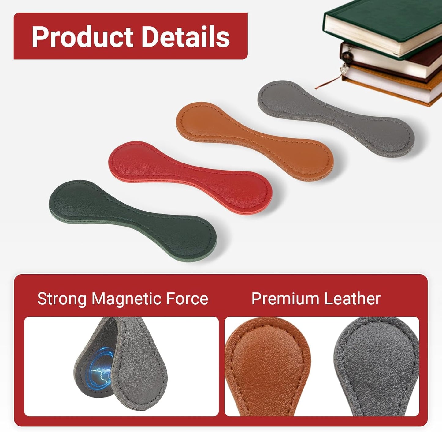 4 PCS Magnetic Leather Bookmarks - Double Sided Magnet Clips - Vintage PU Leather Bookmark Set for Book Lovers - Perfect Holiday Gifts for Women Men