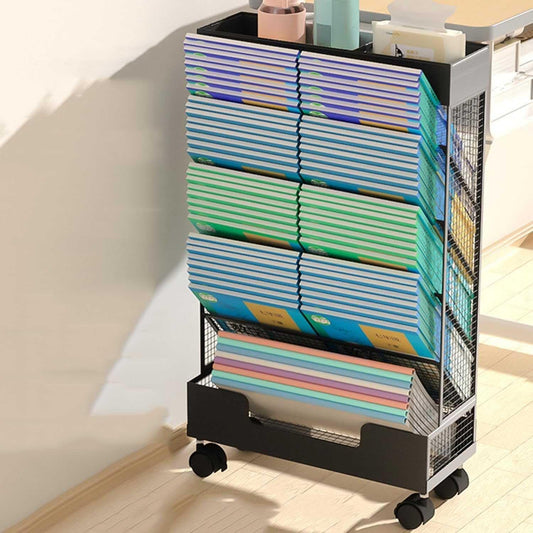 3-6 Tier Metal Rolling Book Cart, Narrow Mobile Bookshelf, Modern Free Standing Storage Rack for Books, Magazines, and Mail, Space-Saving Organizer.