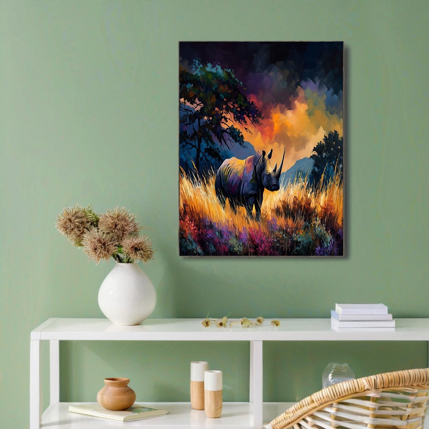 GDJSMIN Sunset Grassland Scene Wall Art, Majestic Animal Rhino Poster for Reading Room Living Room Decor 24 x 36 inch Unframed
