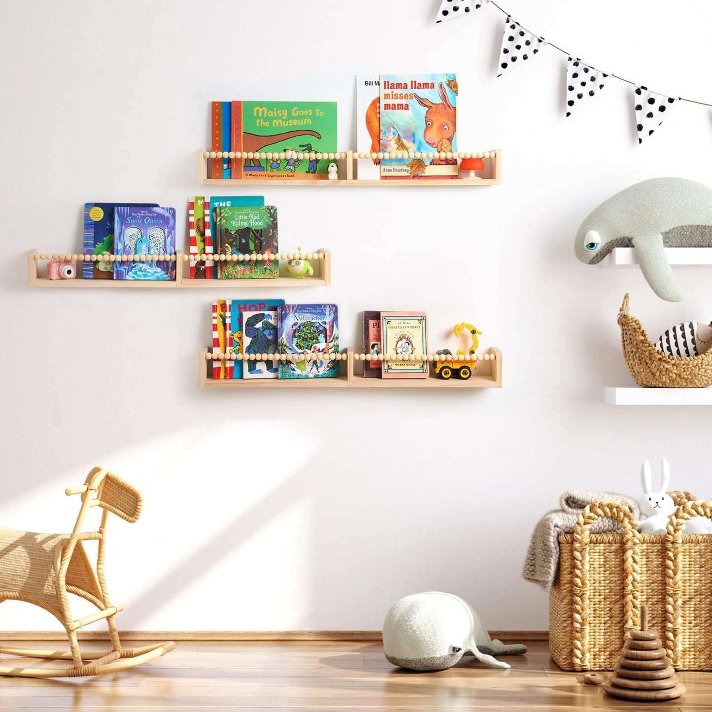 32 Inch Floating Shelf with Wooden Bead Design - Solid Pine Wall Mounted Bookshelf, Child-Safe Nursery Storage for Kids Room Decor, Set of 3