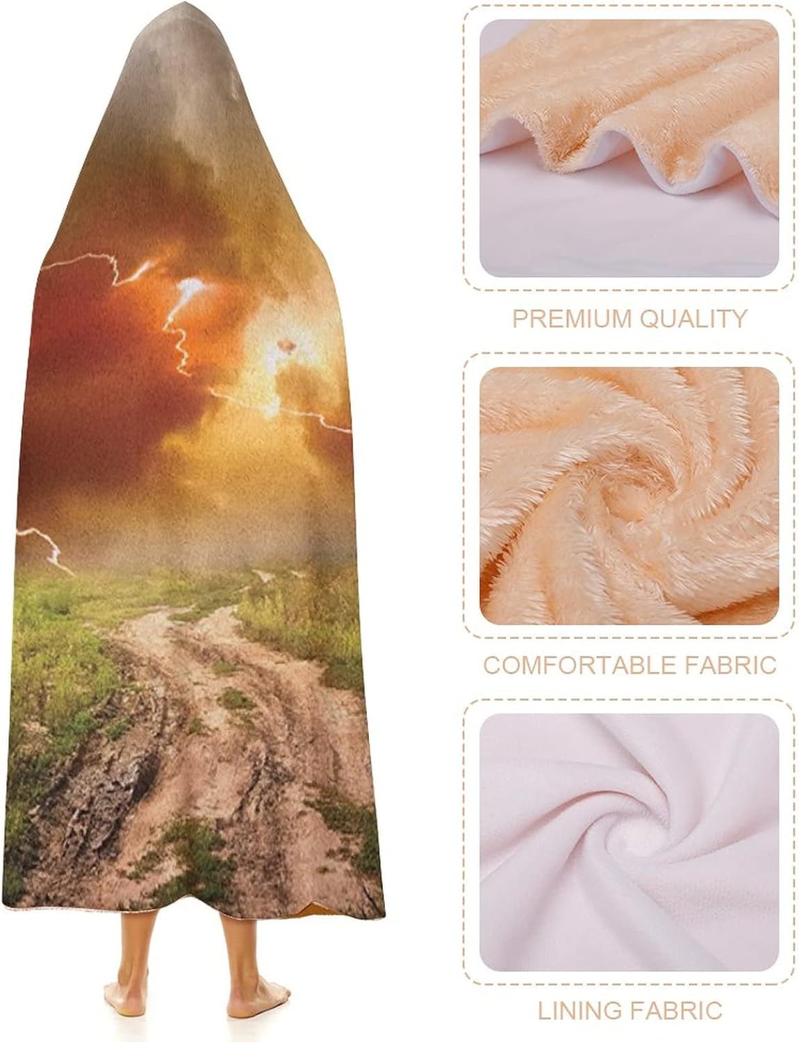 Throw Blankets, Nature Women Men Hooded Blanket, Dazzling Big Rain Cloud Over Earth Path Road, Soft Warm Cozy, 60 x 80inches, Studying Reading Snuggling Napping Office, Multicolor