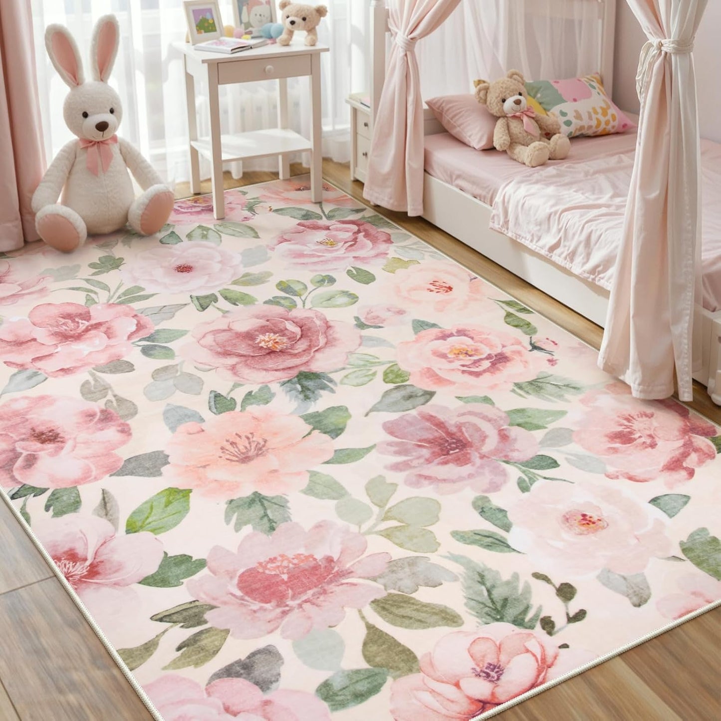 Lahome Floral Nursery Rug 5x7 Area Rugs,Soft Boho Pink Rugs for Bedroom Girls,Low Pile Large Living Room Rug, Home Decor Carpet for Dining Room Playroom Farmhouse, Beige/Multi