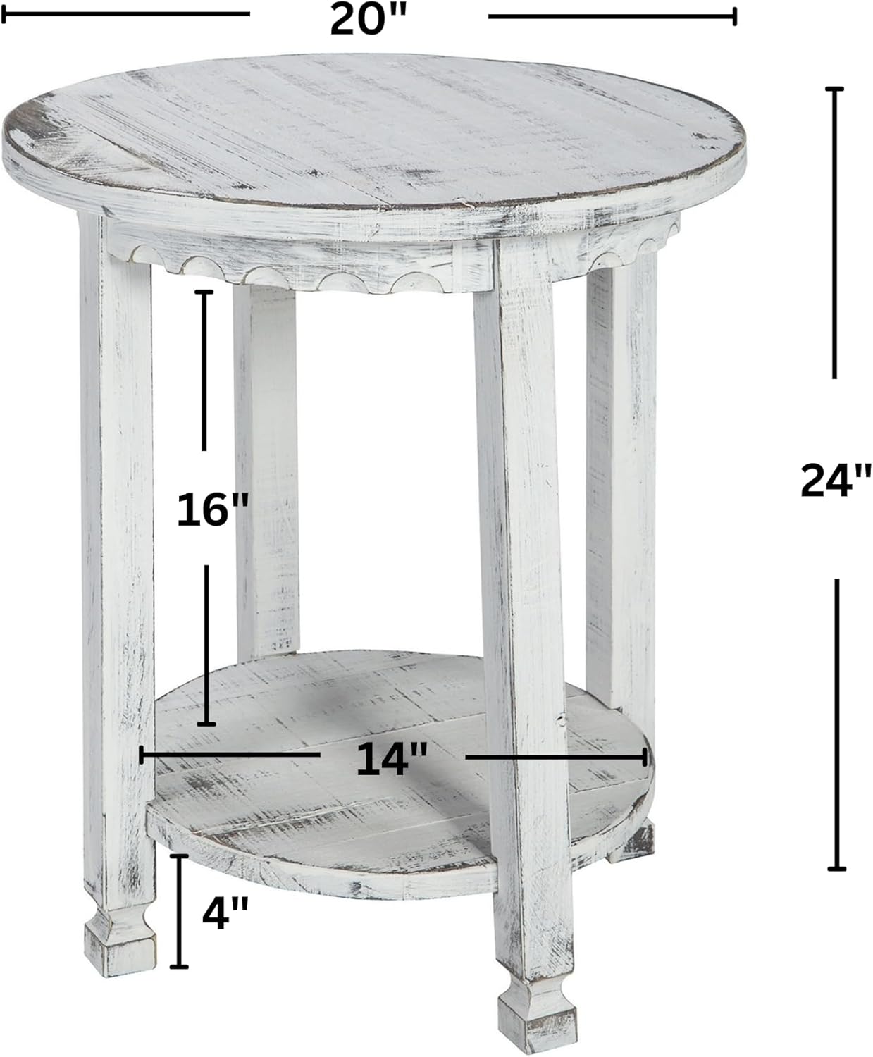 Alaterre Furniture Country Cottage Round End Table – 20” Rustic Farmhouse Side Table with Lower Shelf, Carved Edges & Square Turned Legs – Accent Table for Living Room or Bedroom (Antique White)