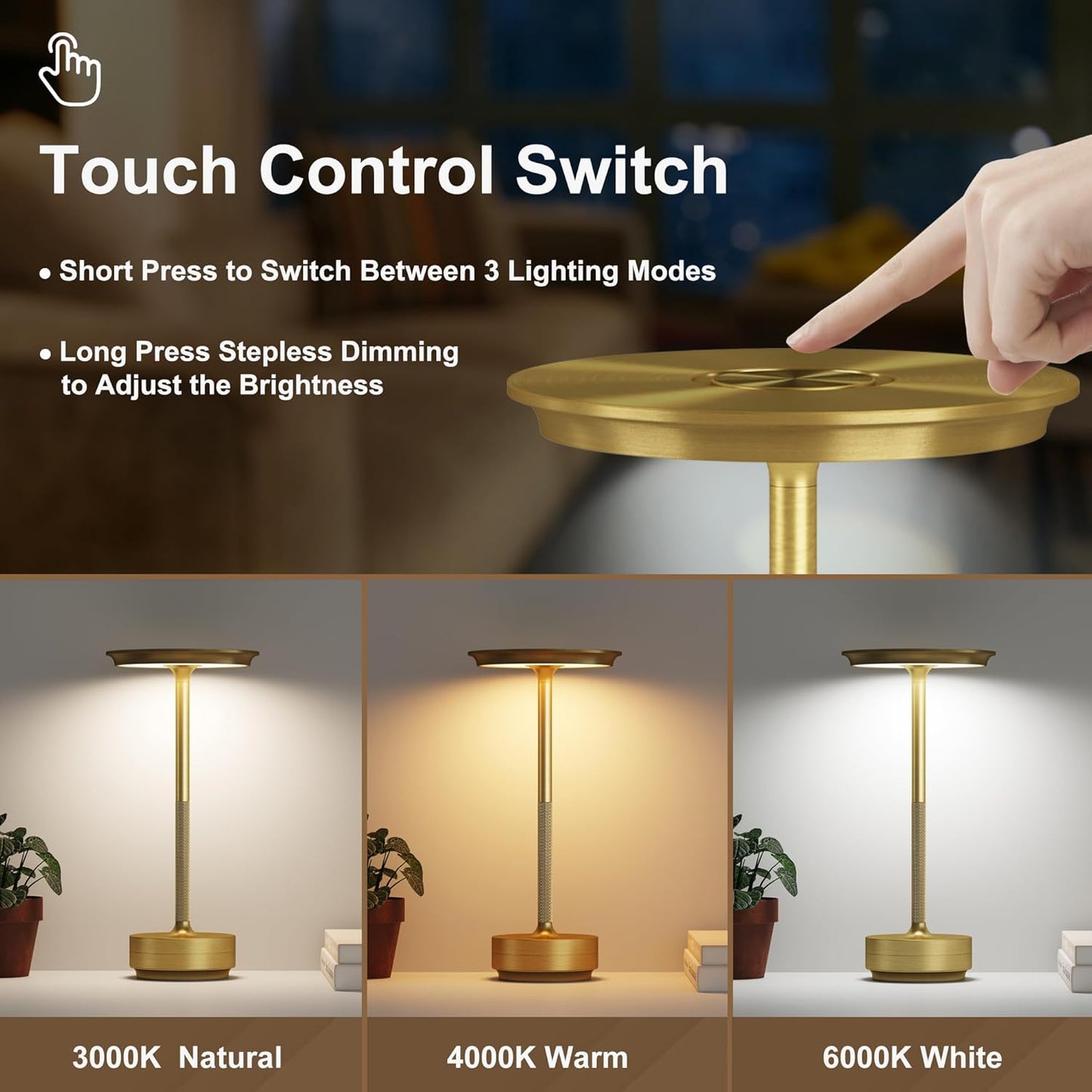 Rechargeable Cordless Table Lamps,Portable 5000mAh Table Light Touch 3 Color Stepless Dimming Battery Powered LED Table Lamp for Restaurant/Bars/Outdoor Party/Camping(Gold)
