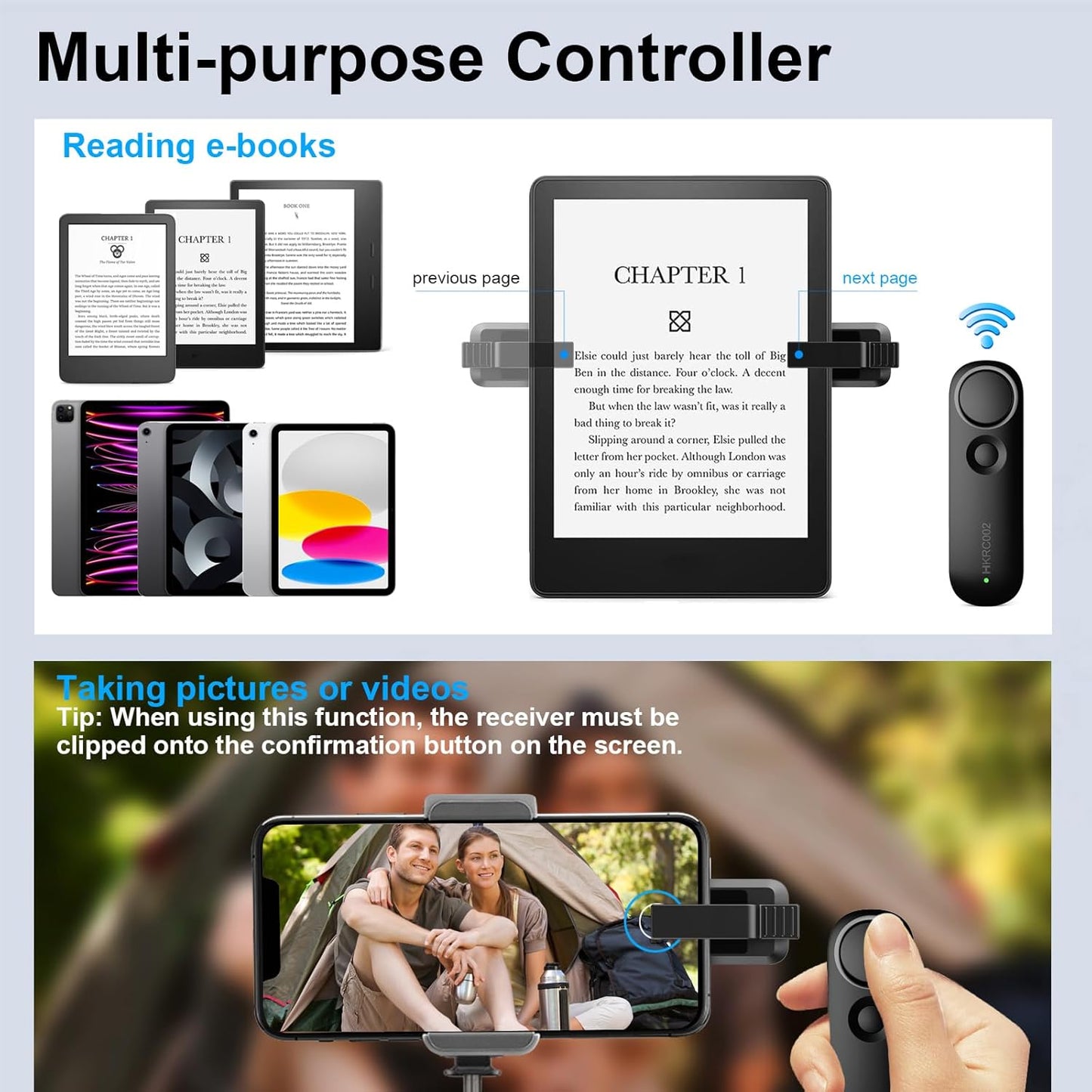 Remote Control Page Turner for Kindle Paperwhite Oasis Scribe, Page Turner Clicker for Kindle App, eReader APP of iPad, iPhone, Android Tablets, with Reading Light, Black