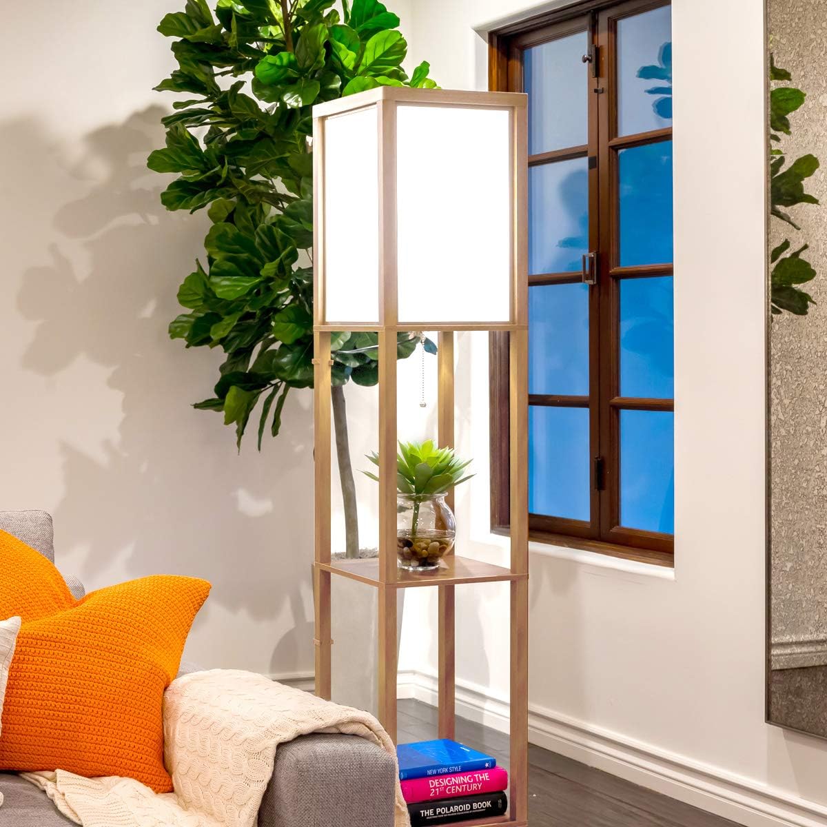 Brightech Maxwell - Modern Shelf Floor Lamp with Lamp Shade & Warm White LED Bulb, Corner Display Floor Lamp with Shelves for Living Room, Bedroom, Nightstand Office, Home Decor Storage - Natural Wood