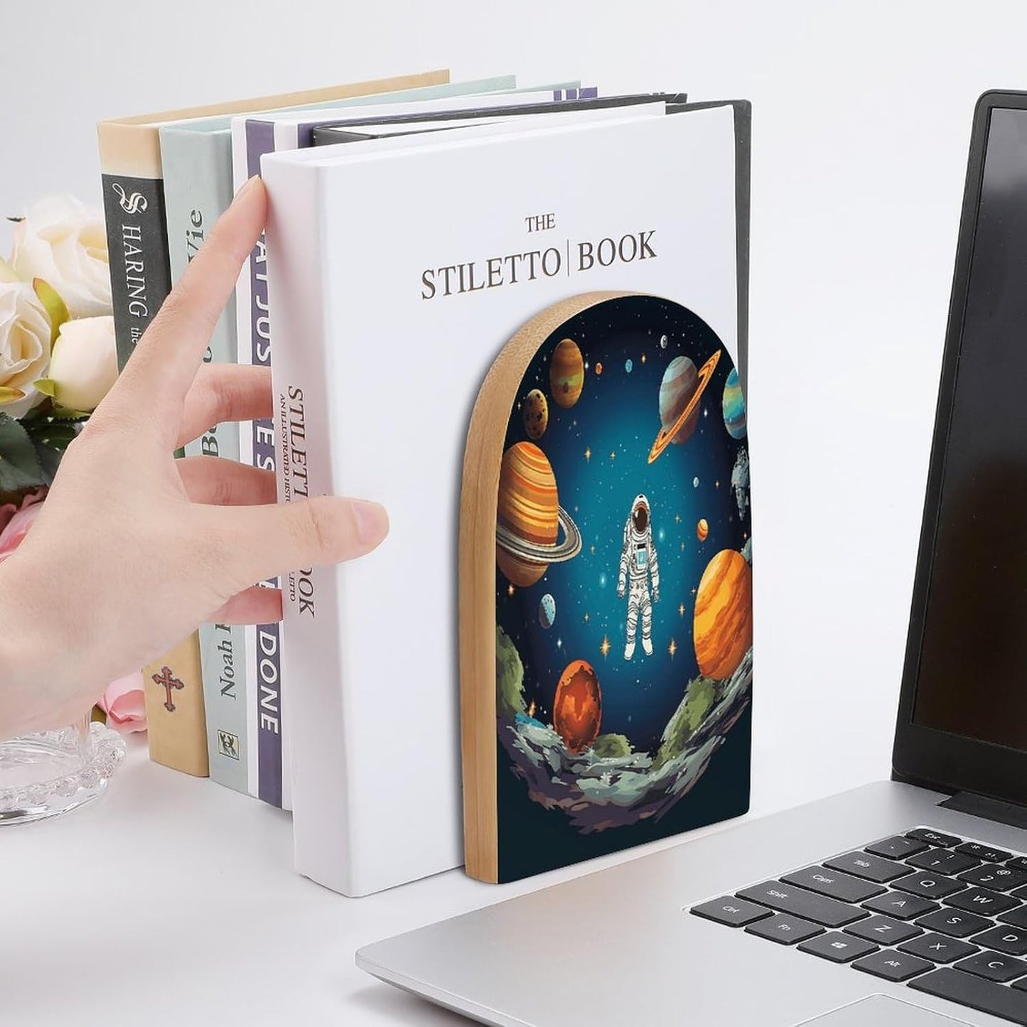 Outer Space Rocket Astronaut Bookend for Shelves Wooden Book End Large Size Sturdy Book Holders Stoppers with Metal Base for Bookshelves Slick Decorative Bookends Stands