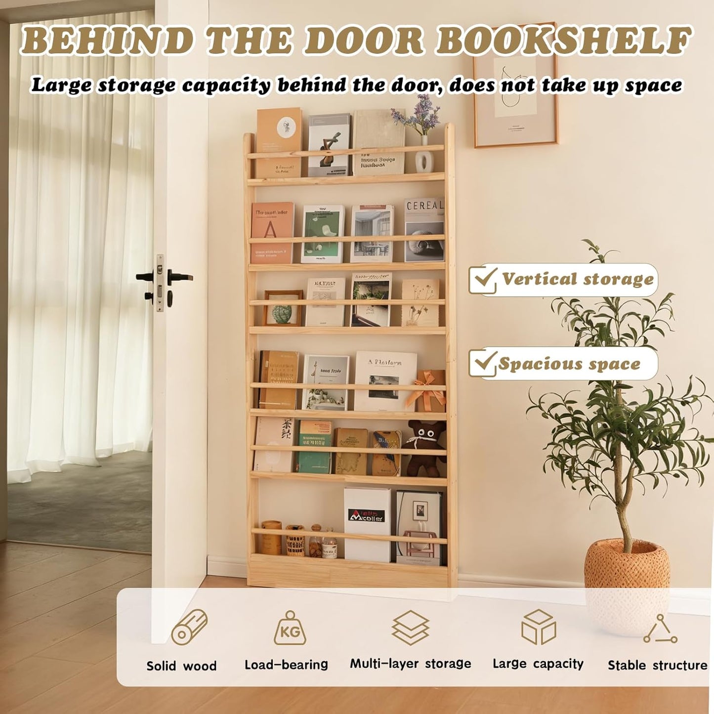 Kids Bookshelf, 6 Tier Shelves Behind The Door Book Shelf Storage, Children's Solid Wood Bookcase Space- Saving, Wall Mount Bookshelf for Bedroom, Living Room, Office and Nursery（Natural Wood）