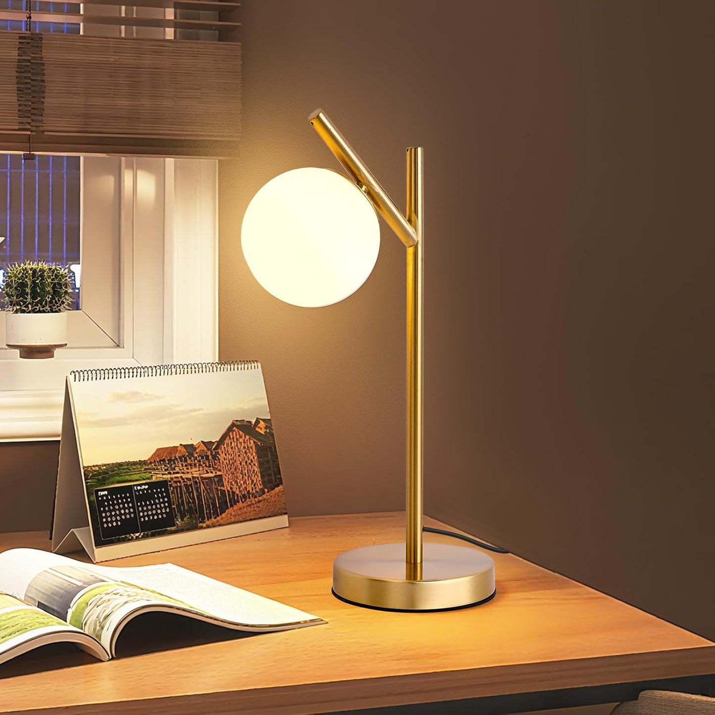 Mid Century Modern Globe Table Lamp, White Glass Shade Bedside Lamp - Eye-Caring Night Light for Bedroom, Living Room, Study Room