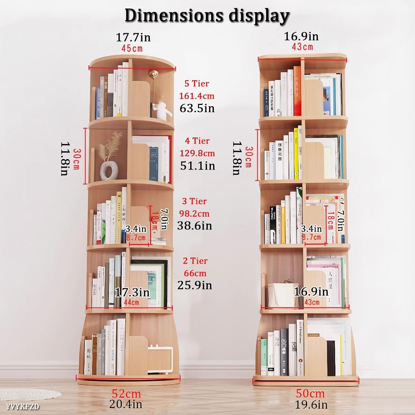 YVYKFZD Rotating Bookshelf, Wood Revolving Bookcase Tower, 360° Corner Display Storage Rack, Floor Standing Narrow Book Shelf Organizer, for Small Space, Bedroom, Living Room(White A,2 Tier H 66cm/25.