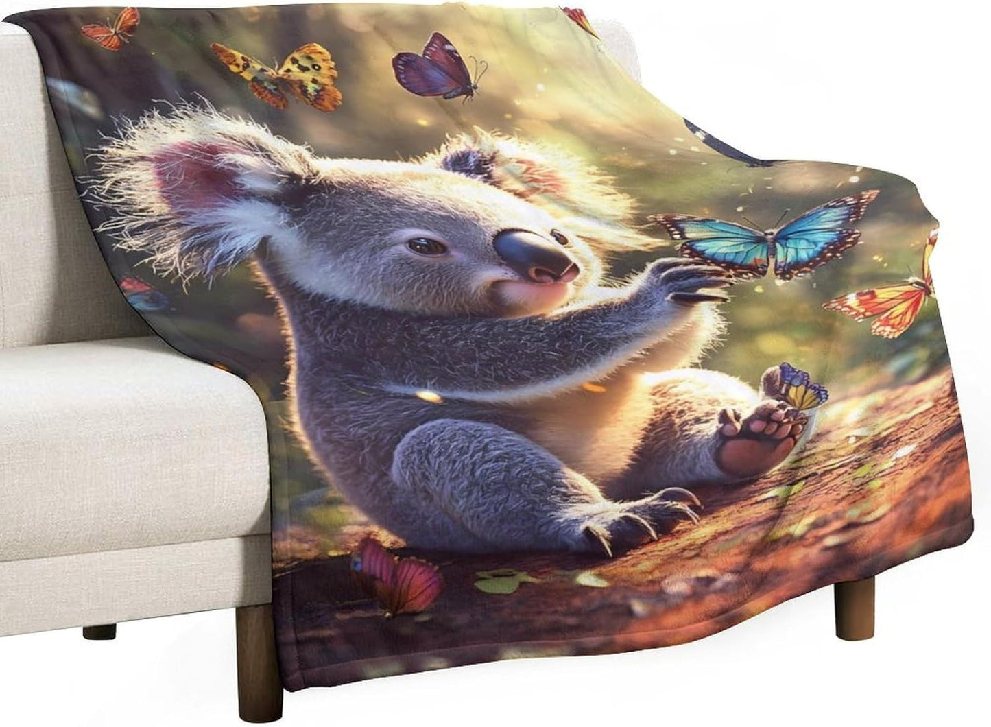 Koala Butterfly Throw Blanket for Couch Bed Plush Cozy Fuzzy Flannel Blanket for All Season 50"x70"