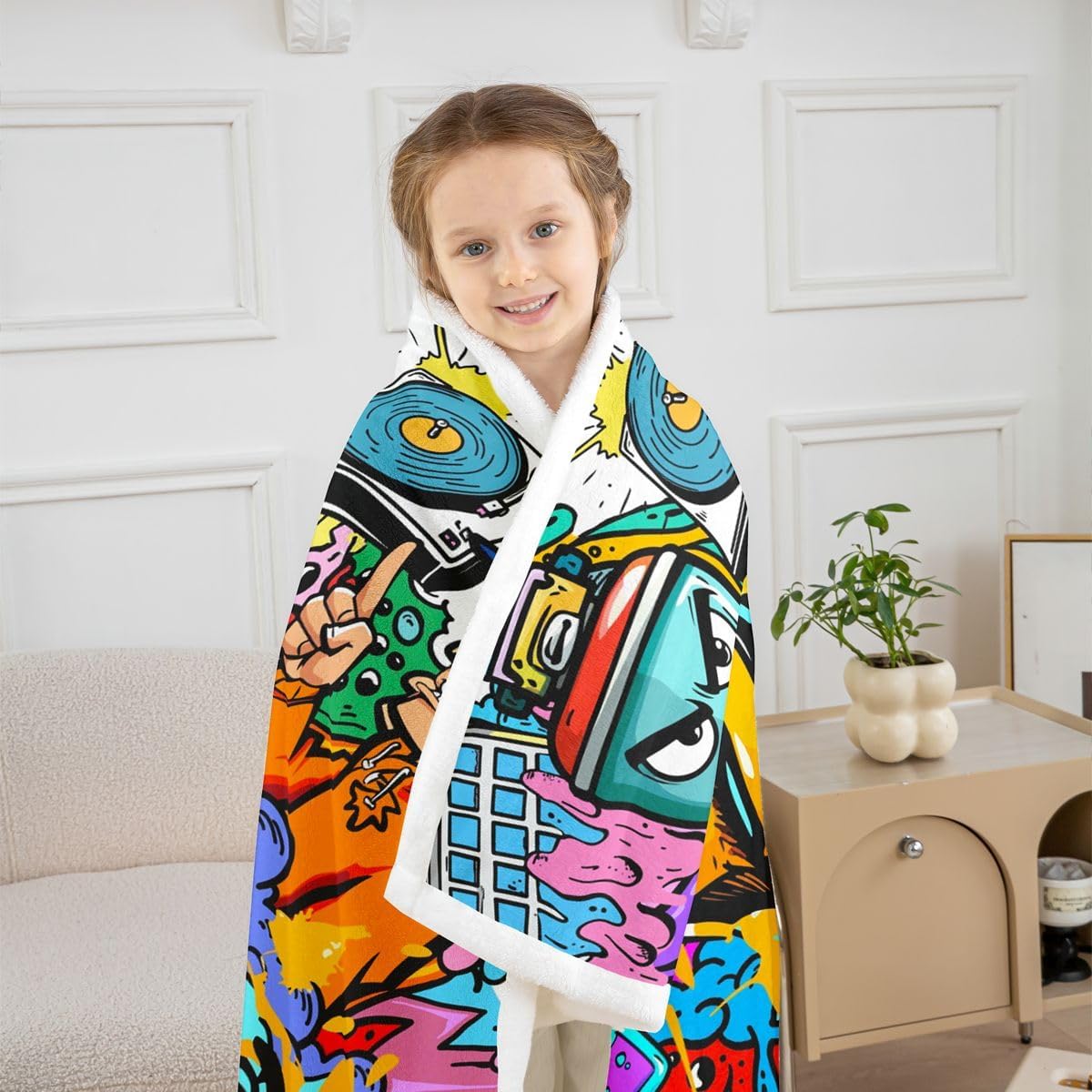Hippie Graffiti Fleece Throw Blanket Hip Hop Radio Rock Sherpa Blanket Kids Boys Colorful Graffiti Pattern Plush Blanket Watercolor Art Fuzzy Blanket for Sofa Bed Couch Throw 50x60 Inch