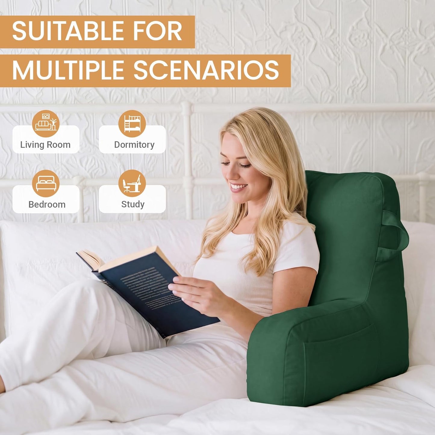 Portable Comfy Reading Pillows for Bed Sitting Up(Green Oeko-Tex), Velvet Back Pillow with Arms & Pockets for Adults, Support Memory Foam Bed Pillow for Dorm/Reading/Watching/Gaming