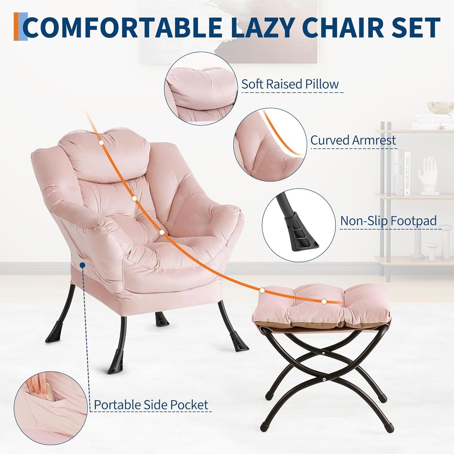GarveeHome Lazy Chair with Ottoman, Modern Lounge Accent Chair, Leisure Sofa Armchair with Footrest, Reading Armchair with Side Pocket for Living Room, Bedroom, Dorm & Office