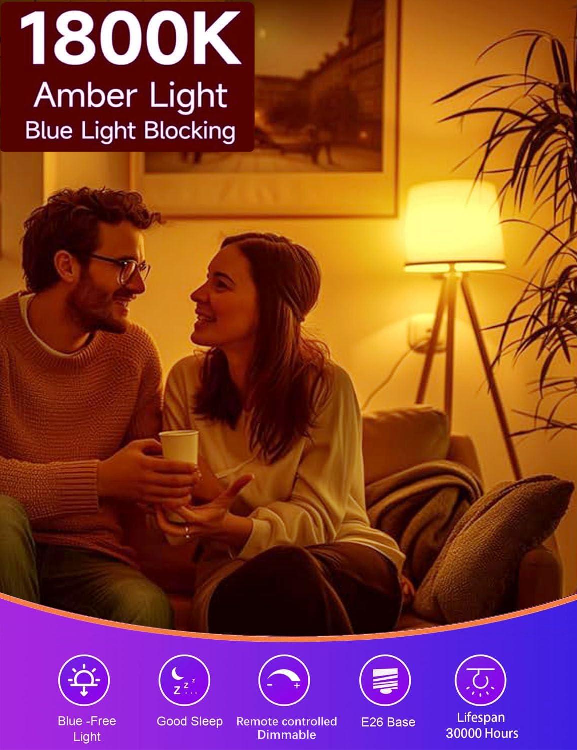 Red and Amber Sleep Bulb with Remote Control Choose 660nm Red Light or 1800K Amberlight,Timer Function, 10W Blue Light Blocking A19 Bulb, E26 Base, for Sleep Therapy,Bedrooms 2Pack