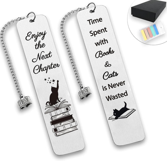 Metal Bookmark Gift for Book Lover - 2 Pcs for Women with 100 Page Marker - Cat Mom