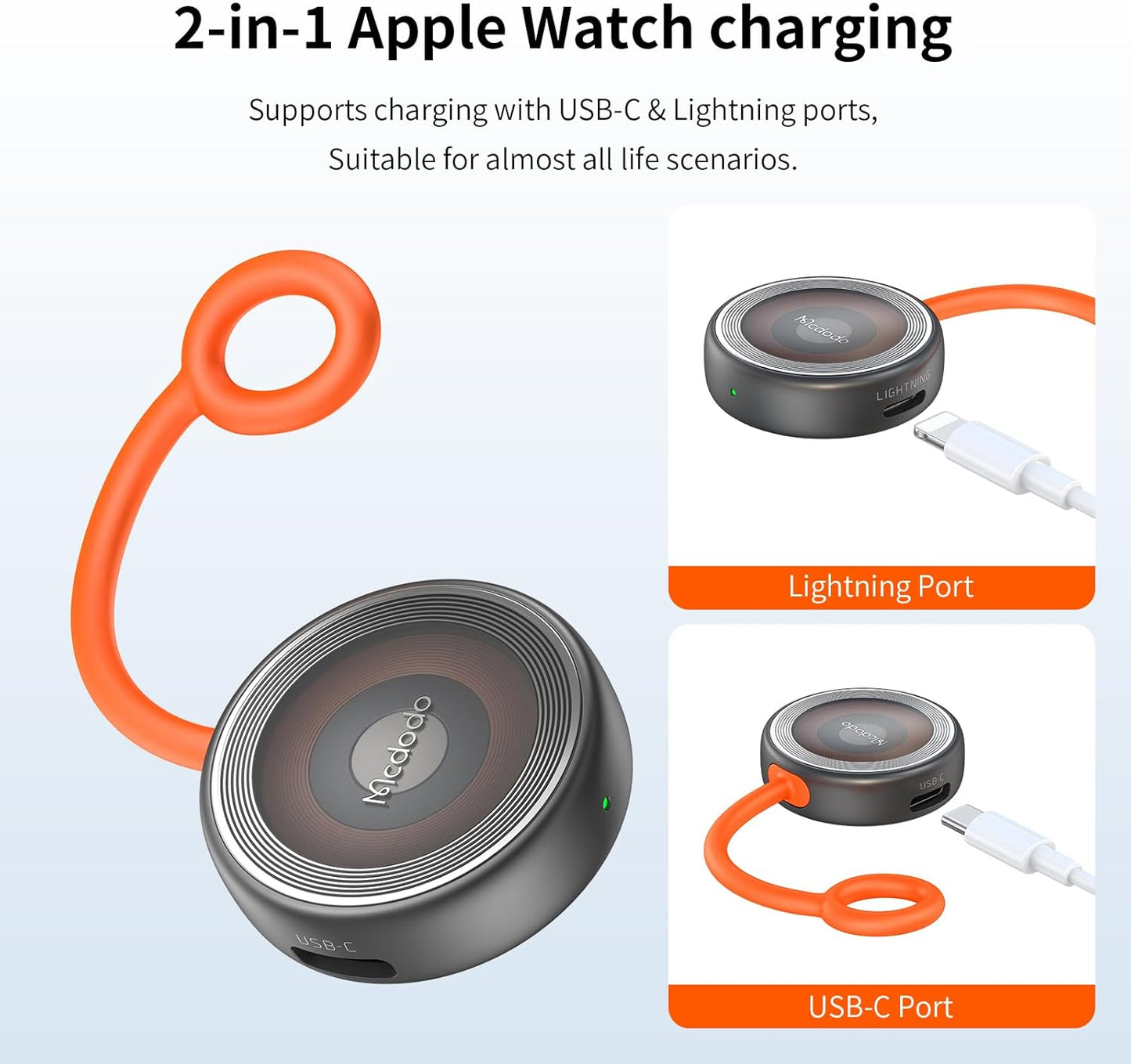 Mcdodo Apple Watch Magnetic Charger[USB-C&Lightning Port], Portable Wireless iWatch Charger Fast Charging Fit Apple Watch Series10/9/8/7/6/5/4/3/2/1/SE/SE2