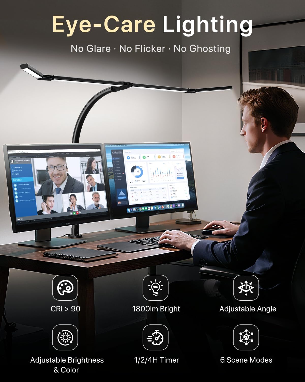 ONEMIX 42" LED Desk Lamp with Clamp, Architect Desk Light with Remote, Adjustable 4-Segment Bar, 1800LM Bright, Eye-Caring Desk Lamp for Home Office, Reading, Study, Dual Monitors, Easter (Black)