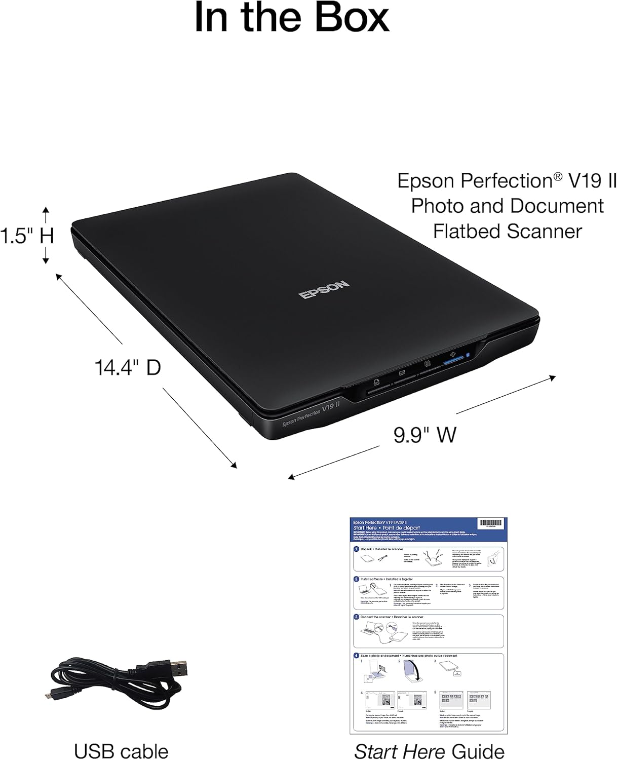 Epson Perfection V19 II Color Photo and Document Flatbed Scanner with 4800 dpi Optical Resolution USB Power, High-Rise, Removable Lid