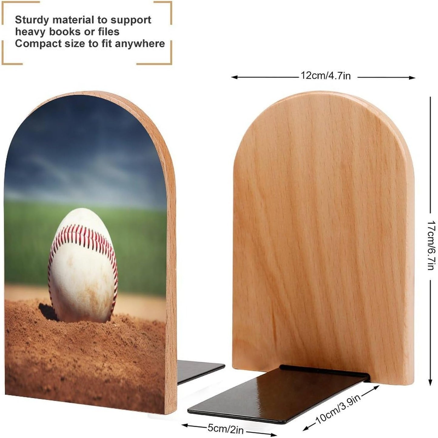Baseball Bookend for Shelves Wooden Book End Large Size Sturdy Book Holders Stoppers with Metal Base for Bookshelves Slick Decorative Bookends Stands