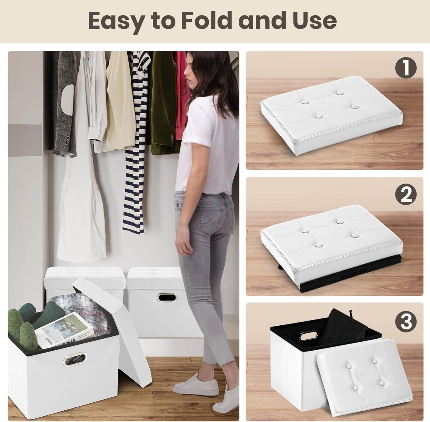 COSYLAND Storage Ottoman 17x13x13in Leather Rectangle Foot Rest Folding Bench Seat Organizer Entryway Furniture with Handles Lid White