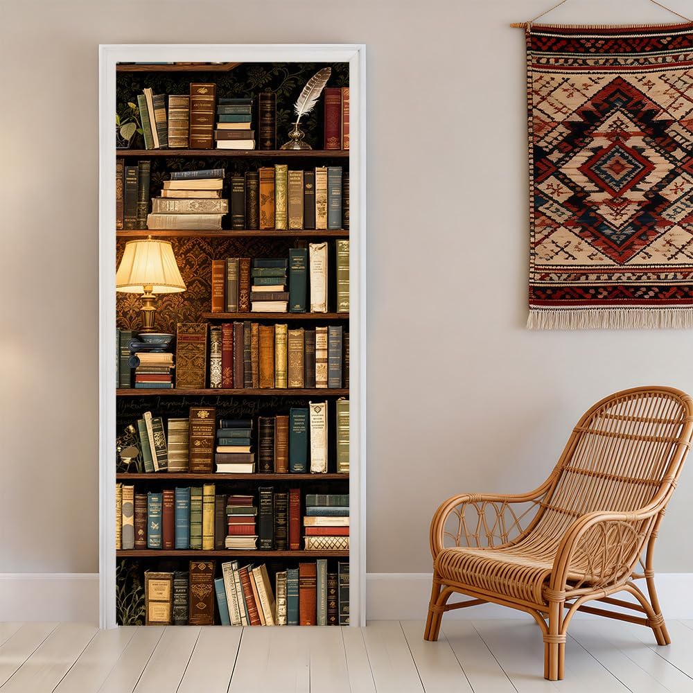 Vintage Library Bookshelf Mural Door Sticker 30.3 x 78.74 Inch Classic Bookcase Interior Decor Reading Room Peel and Stick Door Cover Study Door Decals Peel and Stick Literary Style Home