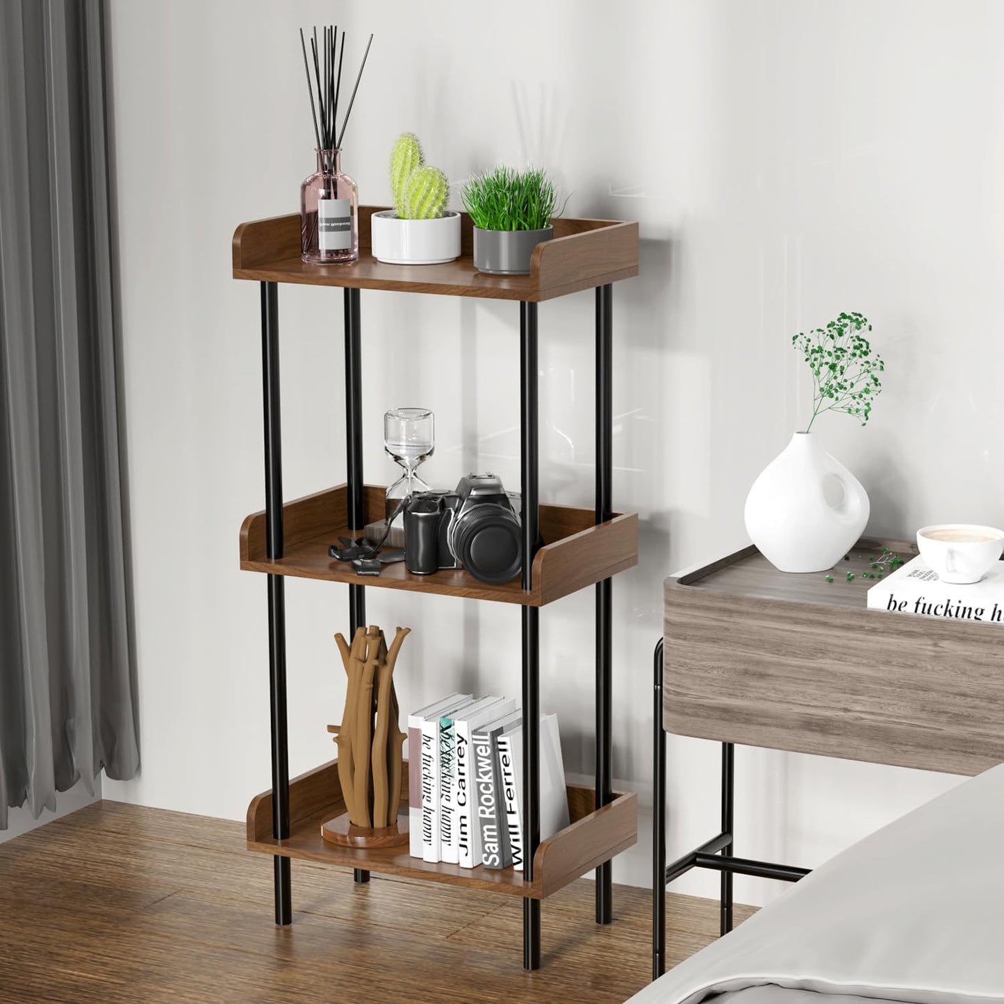 Bookshelf, 3 Tier Bookcase, Industrial Small Book Shelf, Rustic Brown Bookshelf, Metal Display Shelf Storage Organizer for Living Room, Bedroom& Home Office
