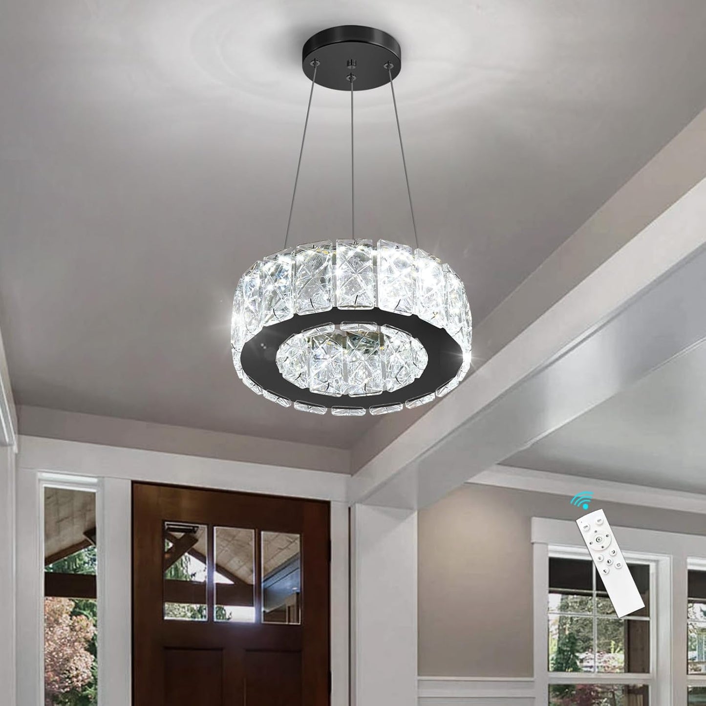 Modern Crystal Chandelier 8W Dimmable LED Crystal Pendant Light Fixtures Height Adjustable Round Chandeliers for Dining Room Hallway Bedroom Black