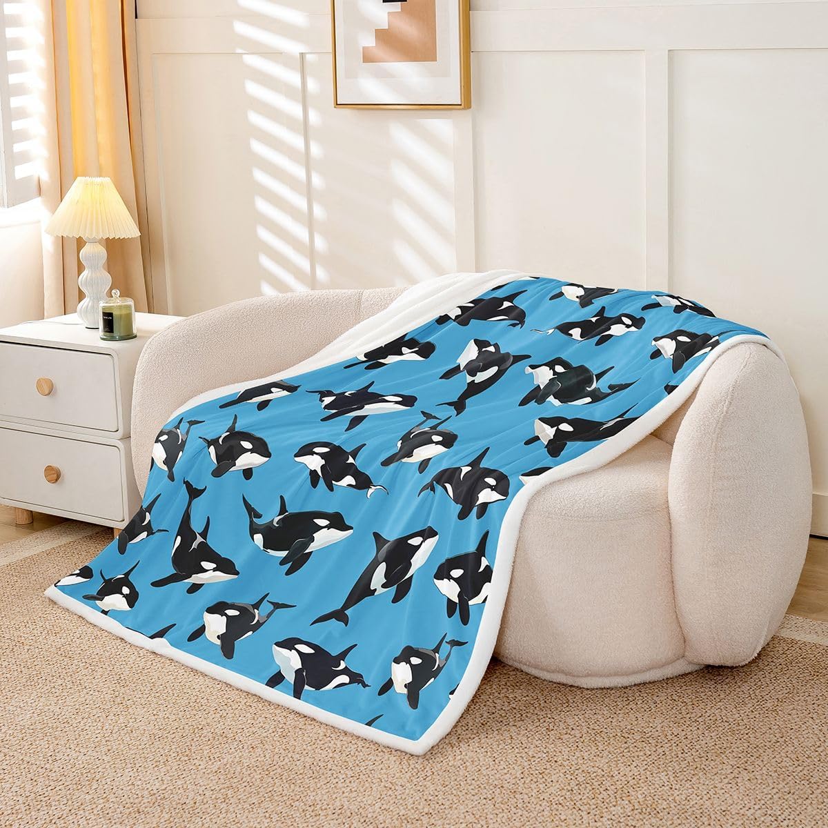 Feelyou Orca Sherpa Throw Blanket for Couch Ocean Whale Super Soft Cozy Fleece Sealife Blanket for Winter, Plush Throw Ocean Marine Baby 30"x40" Marine Life Sea All Season