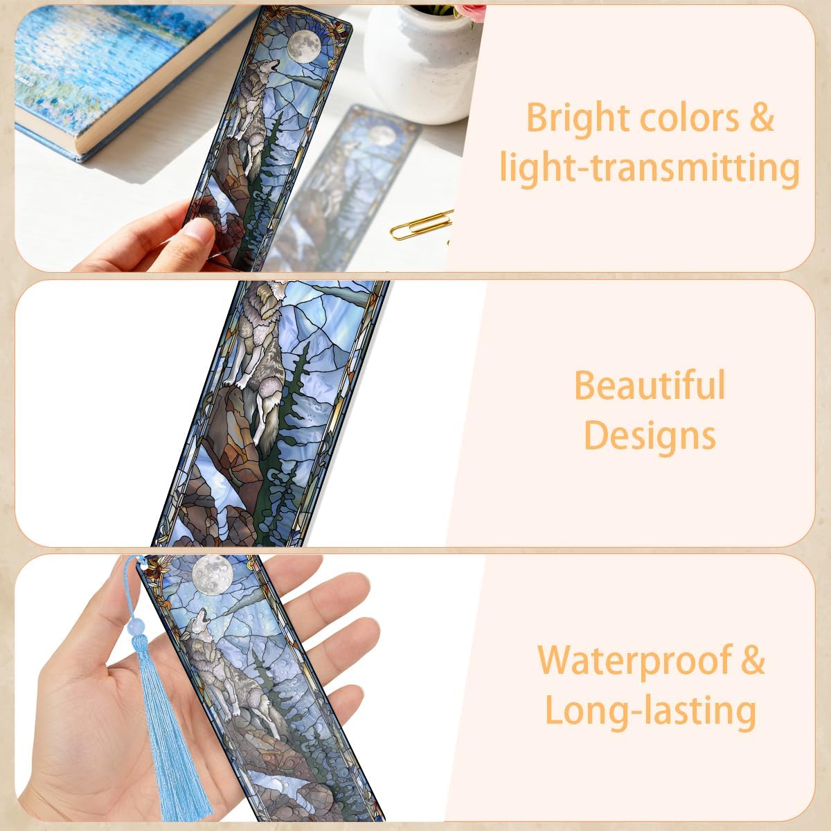 4 Pcs Fantasy Animal Bookmarks Gifts for Reading Women, Stained Glass Transparent PVC Book Marks with Tassels, Cute Black Cat Design Gift, Cool Book Accessories for Book Lovers Bookish