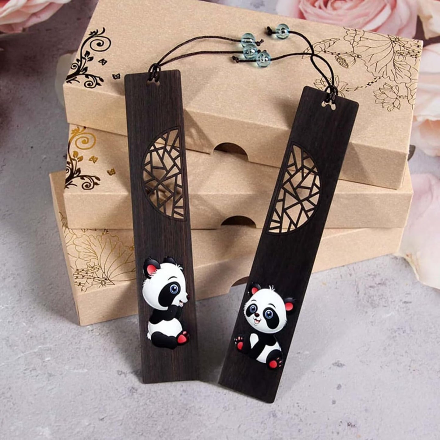2pcs Wooden Bookmark,Stylish Wooden Bookmarks 5.71"x1.18", Panda Hollow Design Text Book Marker for Men Women, Decorative Page Markers with Pendant for Students Teachers Appreciation