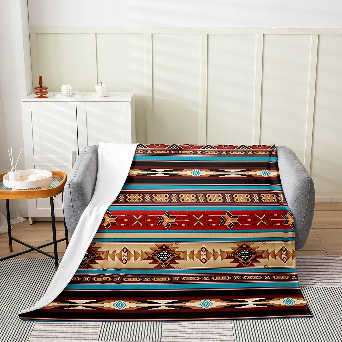 Erosebridal Aztec Throw Blanket, Ethnic Tribal Arrow Flannel Fleece, Southwestern Native Bohemian Sherpa, Western Star Soft Cozy Bed Couch Blanket, Red, Blue, Dark Brown, 50 x 60 inches