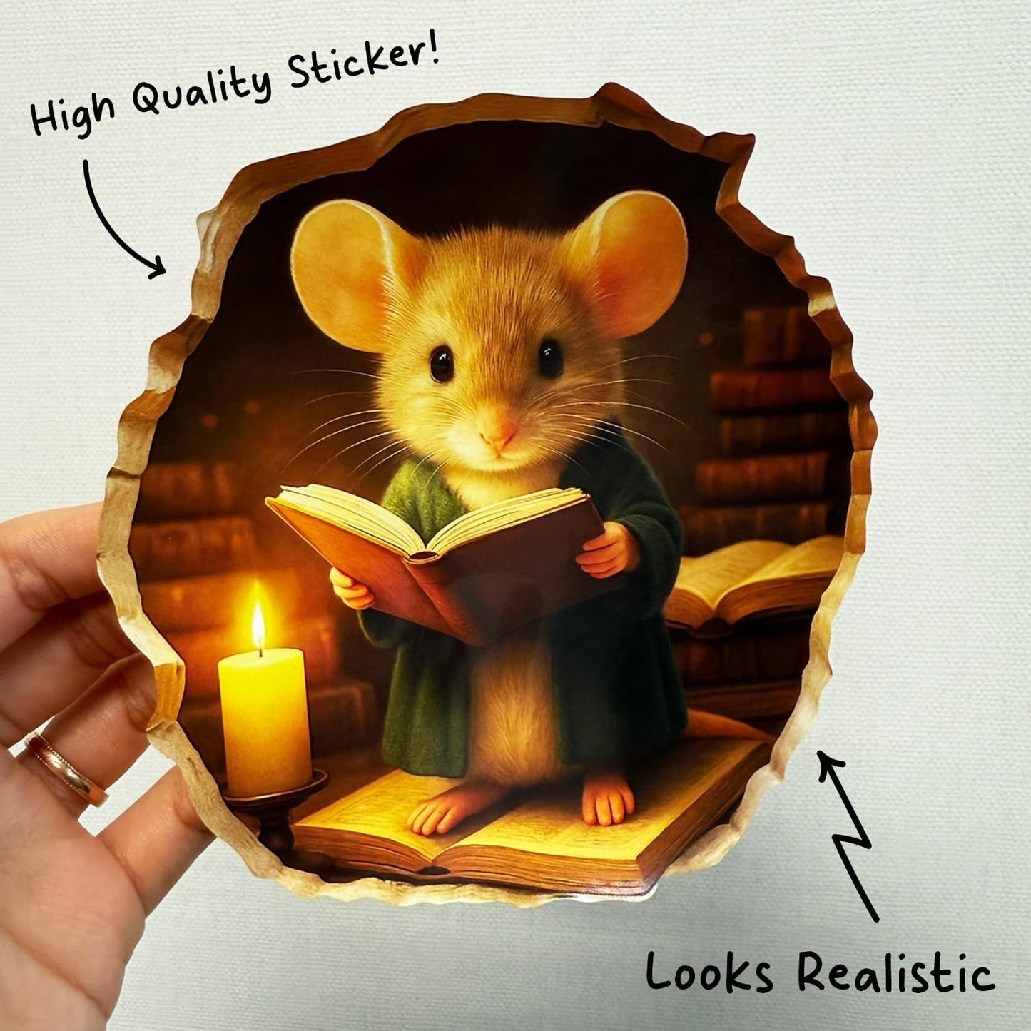 GRITKULTURE Removable Mouse Reading Book in Mouse Hole Decal Sticker 5.1inch 2 Pack. Mouse Hole in The Wall Sticker with 3D Effect. Wall Decoration, Funny Gift, Potty Training, Prank (#3)