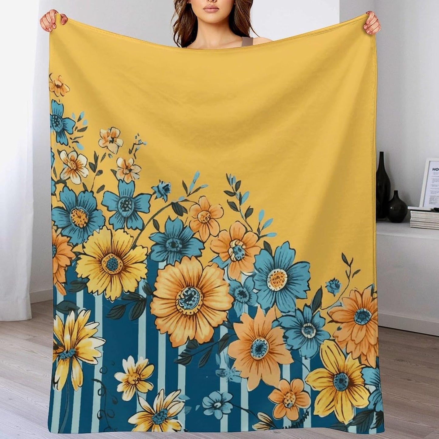 Yellow and Blue Floral Throw Blanket for Couch Super Soft Warm Lightweight Throw Blankets Cozy Flannel Bed Blanket Cute Decorative Blankets for All Seasons Home Decor Gift 60"*80"（150 * 200cm）