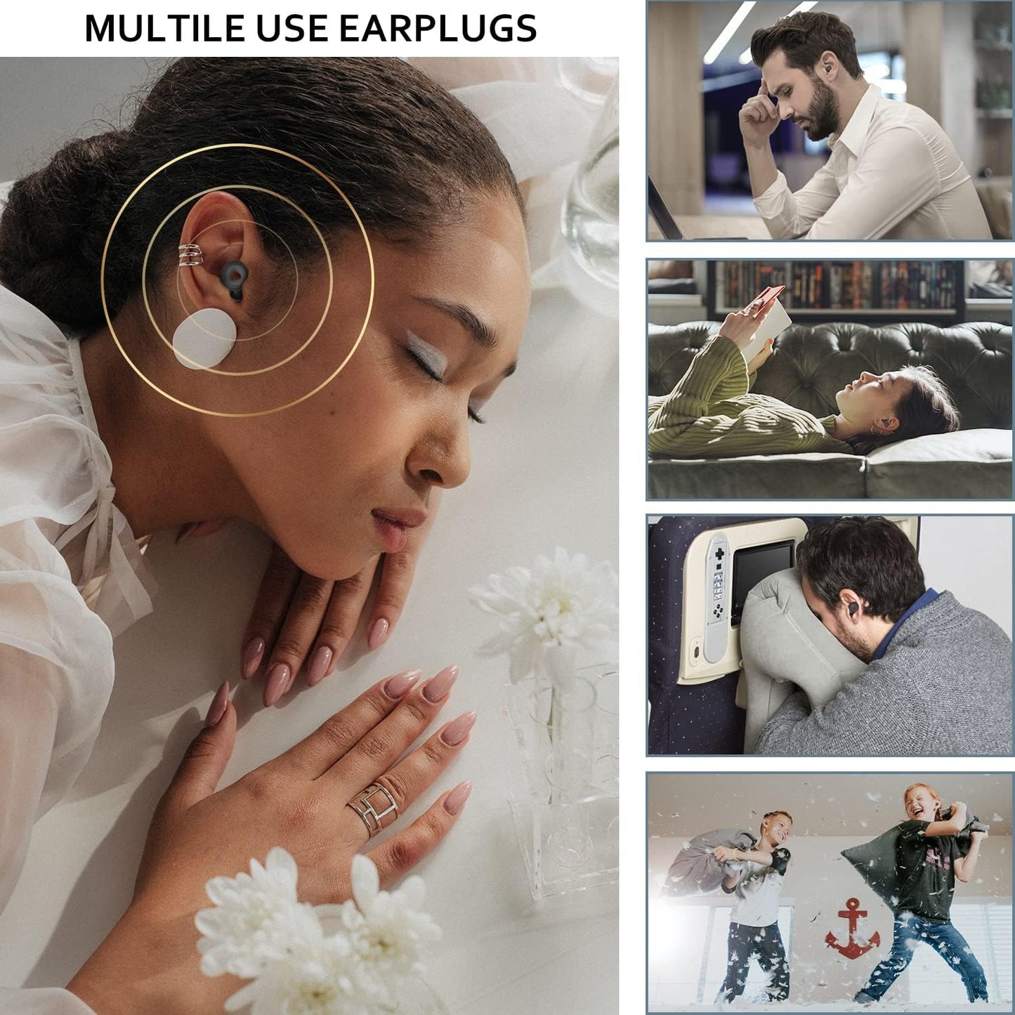 Ear Plugs for Sleeping Noise Cancelling, Reusable Hearing Protection in Flexible Silicone, Noise Cancelling Earplugs for Sleep - 6 Ear Tips in S/M/L, 25dB Noise Cancelling Black