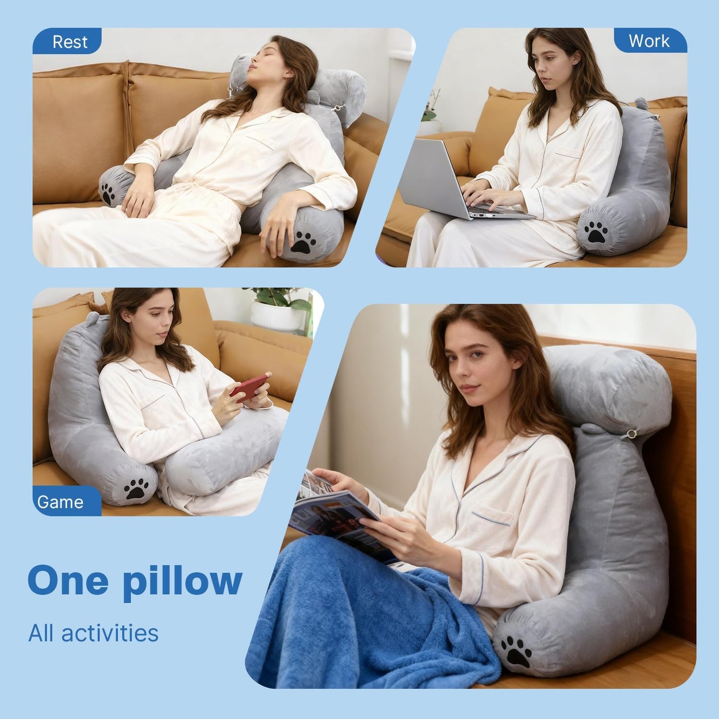 Reading Pillow Plus, Crystal Velvet Back Pillow Bed Sitting Up for Adult & Children, Back Rest Pillow Support for Reading & Rest Bed, Add Height and Removable Pillows, Dorm Essentials, Grey