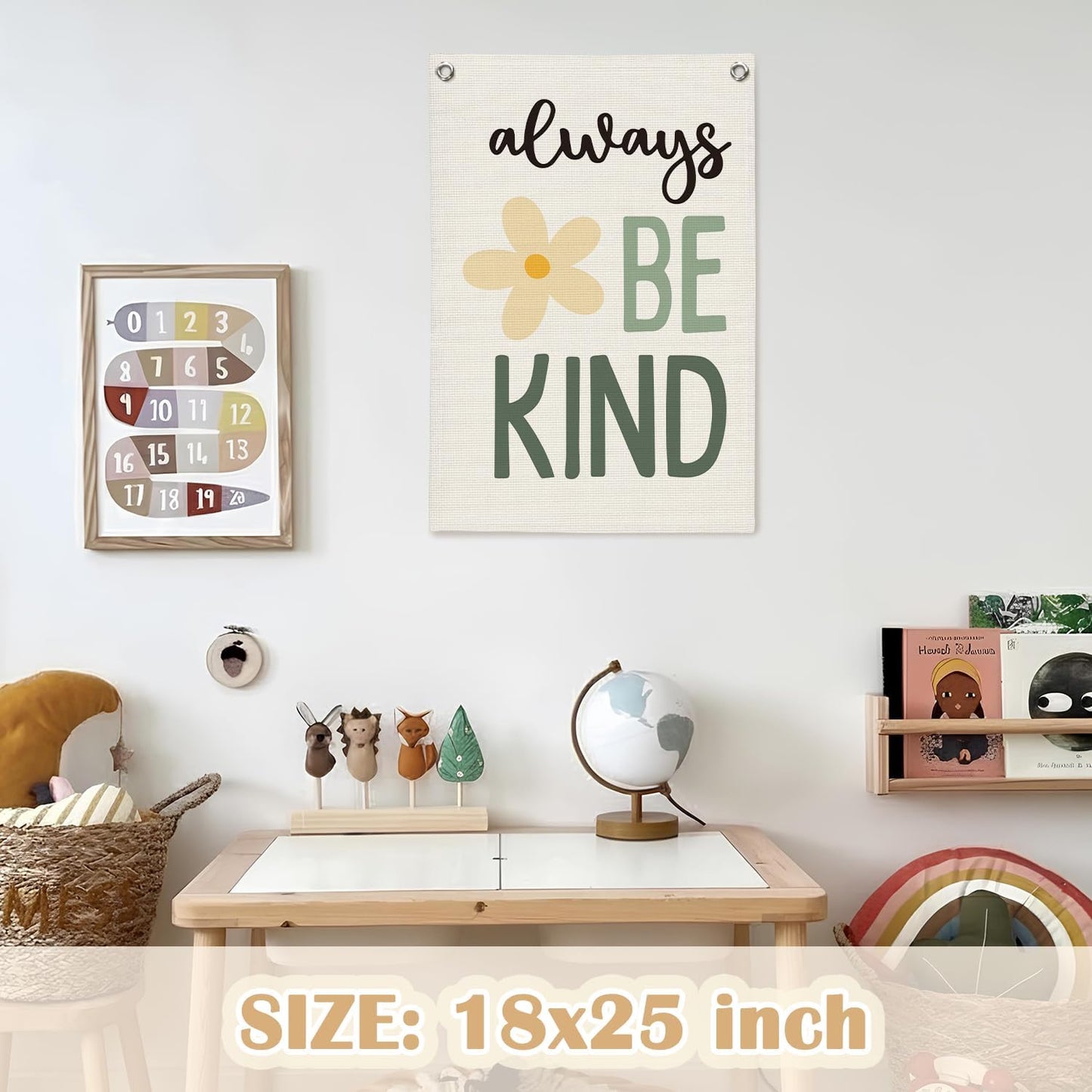 Always Be Kind Canvas Banner Wall Hanging,Boho Classroom Decor,Kids Playroom Poster Wall Decor Hanging Banner Flag for Boys Girls Toddler Nursery Room Bedroom Playroom Prints 18X25 Inch