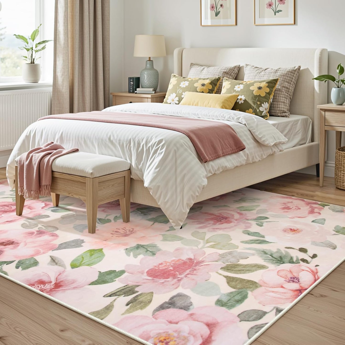 Lahome Floral Nursery Rug 5x7 Area Rugs,Soft Boho Pink Rugs for Bedroom Girls,Low Pile Large Living Room Rug, Home Decor Carpet for Dining Room Playroom Farmhouse, Beige/Multi