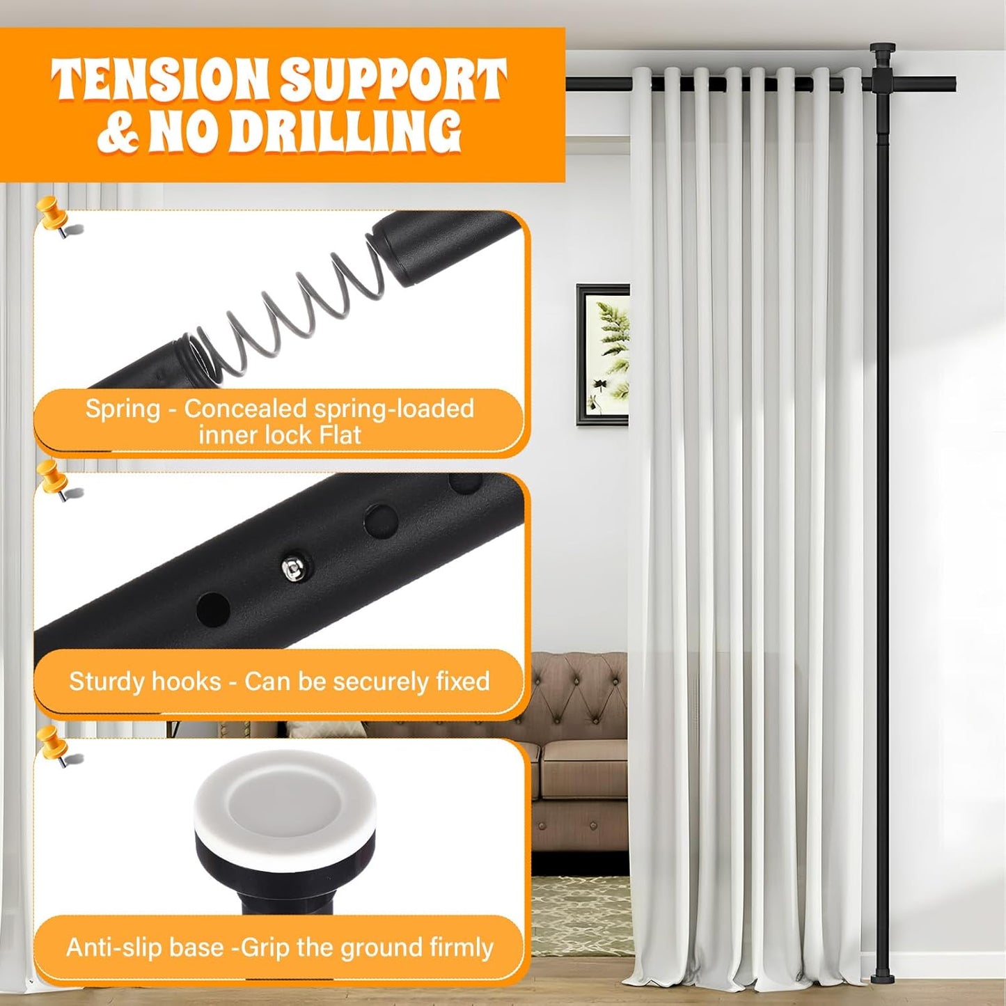 Room Divider Curtain Rod, No Drilling Wall Divider for Room Separation, 4-10ft(H) 28-171inch(W) Adjustable Heavy Duty Partition Space Separator Tension Curtain Stand(Black)