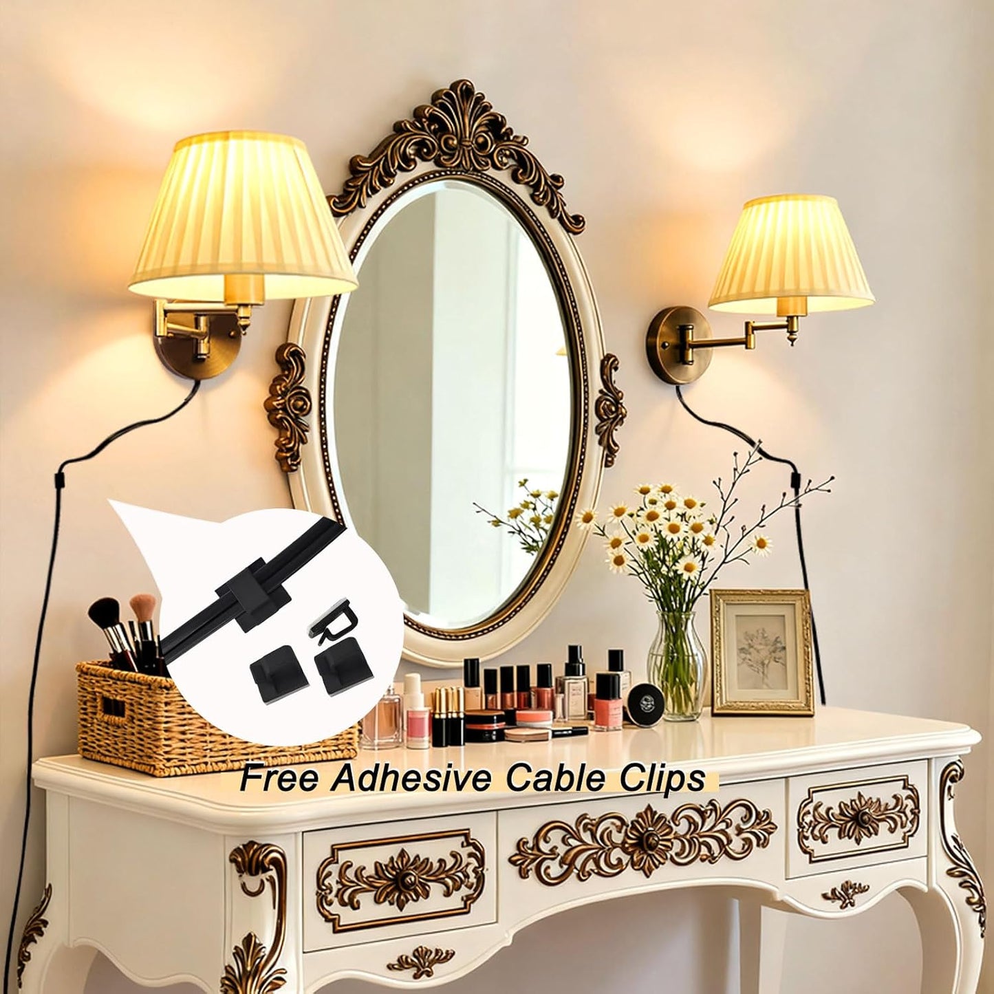 Indoor Wall Sconce Plug in Swing Arm Wall Lamp Bronze Wall Light Fixtures with Beige Fabric Shade Bedside Lights for Bedroom Hallway Study Room Living Room Reading Light