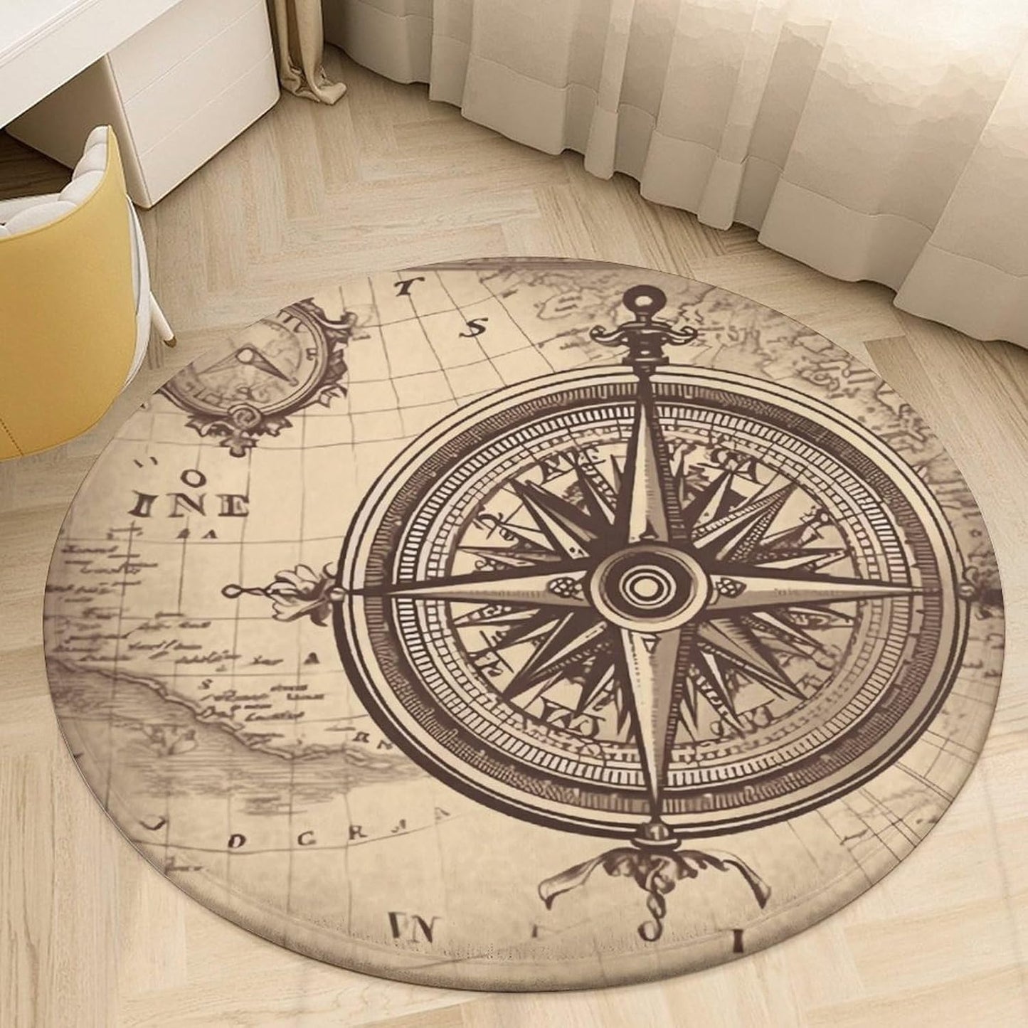 Law of The Compass Navigation Circle Rug Retro Luxury Coral Velvet Floor Mat Non Slip Soft Indoor Floor Carpet Comfy Thickened Area Rugs Modern Aesthetic Minimalist Carpets for Home Decor