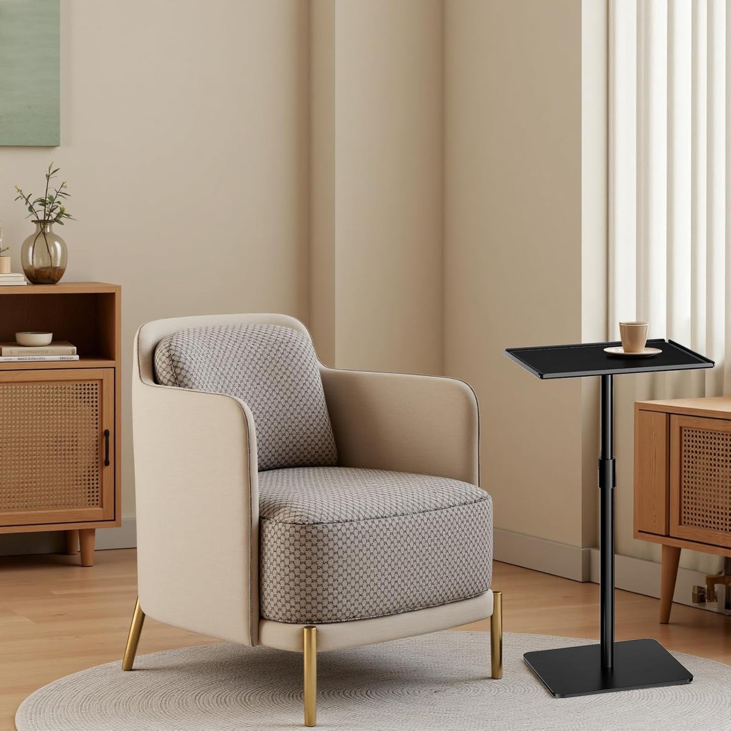 Height Adjustable C Shaped End Table,Metal Sofa Side Table,Small TV Tray Table for Small Spaces with Matte Black Tray,Bed Table Drink Coffee Tables for Bedroom,Black
