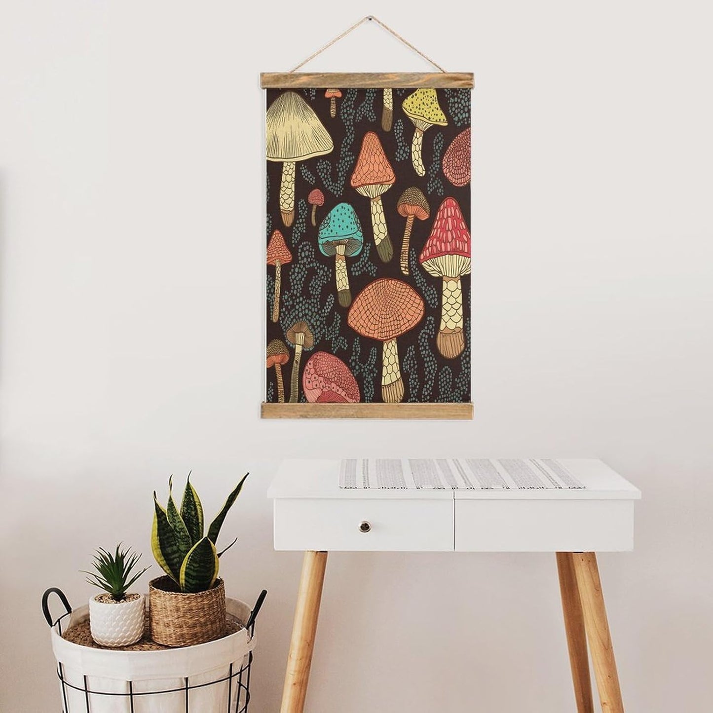 Vintage Mushroom Poster with Wooden Frame Personalized Linen Hanging Scroll Painting Rustic Wall Hanging Illustrative Modern Artwork Decor for Home Living Room Bedroom Office