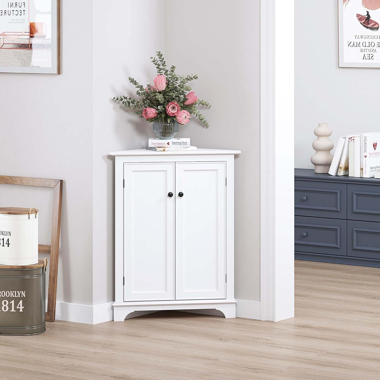 Spirich Floor Corner Cabinet with Doors and Shelves, Freestanding Bathroom Corner Storage Cabinet for Bathroom, Living Room, White