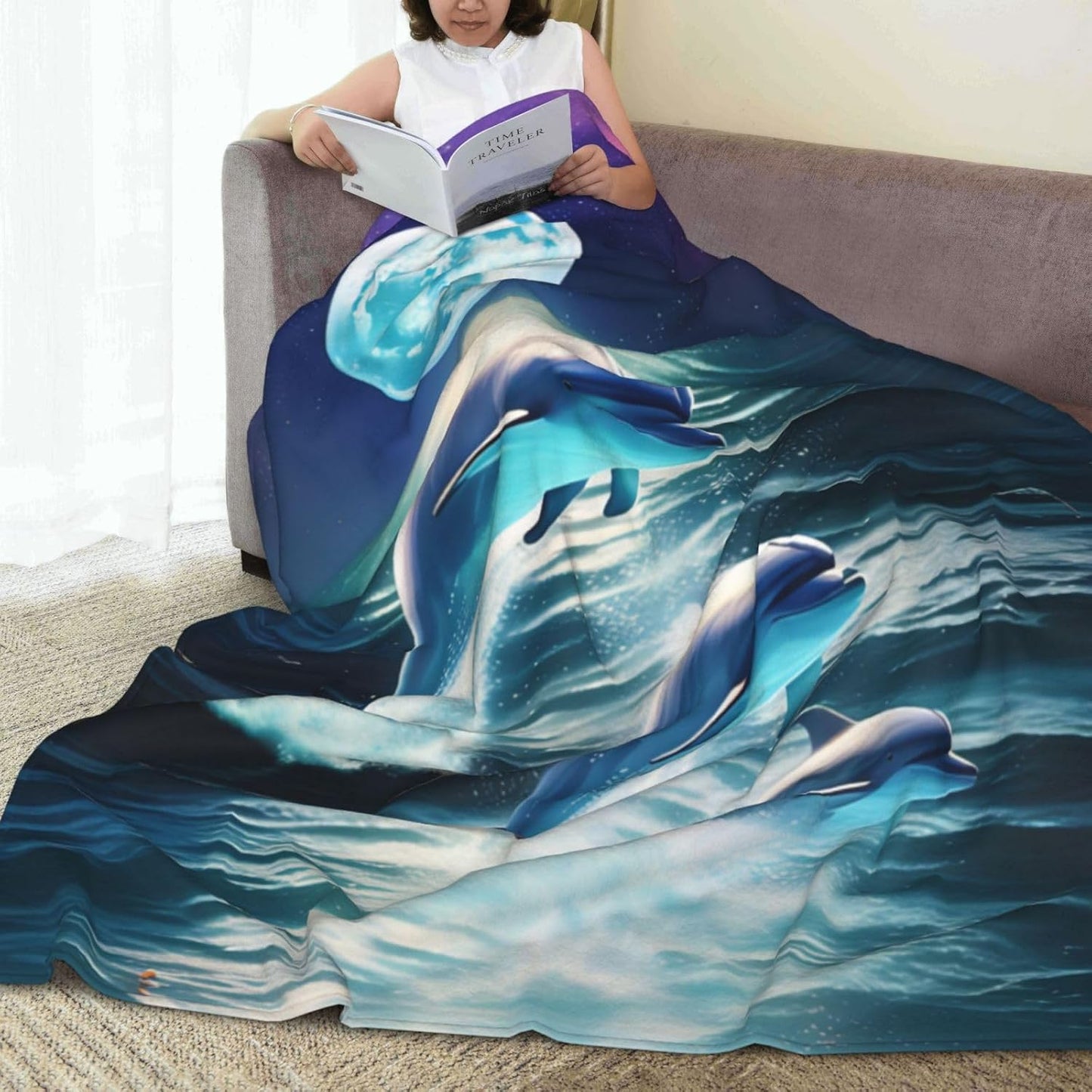 Dolphin Blanket for Kids Women Adults Dolphin Blanket Gifts 60" x 50" Flannel Dolphin Moon Ocean Throw Blanket for Bed Living Room Sofa Couch Soft Warm Lightweight Cozy Dolphin Decor