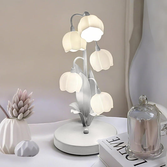 Flower Lamp for Home,Bedside Vintage Table Lamps,5 Lily of The Valley Reading Lights,3 Colors Modes Kawaii Bedside Lamp Decor,with G4 Bulb Nightstand Light for Living Room Office Bedroom (White)