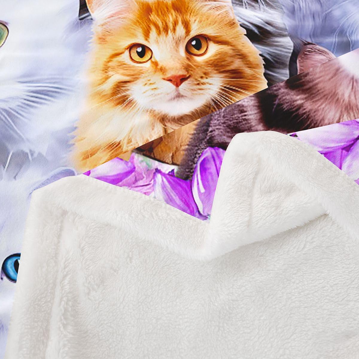 Feelyou Cute Cat Sherpa Blanket Pet Funny Cats Toddler Fleece Throw Blanket for Kids Boys Girls Lovers Cat Floral Purple Fuzzy Blanket for Sofa Bed Couch Feline Animal Lovely Decor,Twin 60x80 Inches
