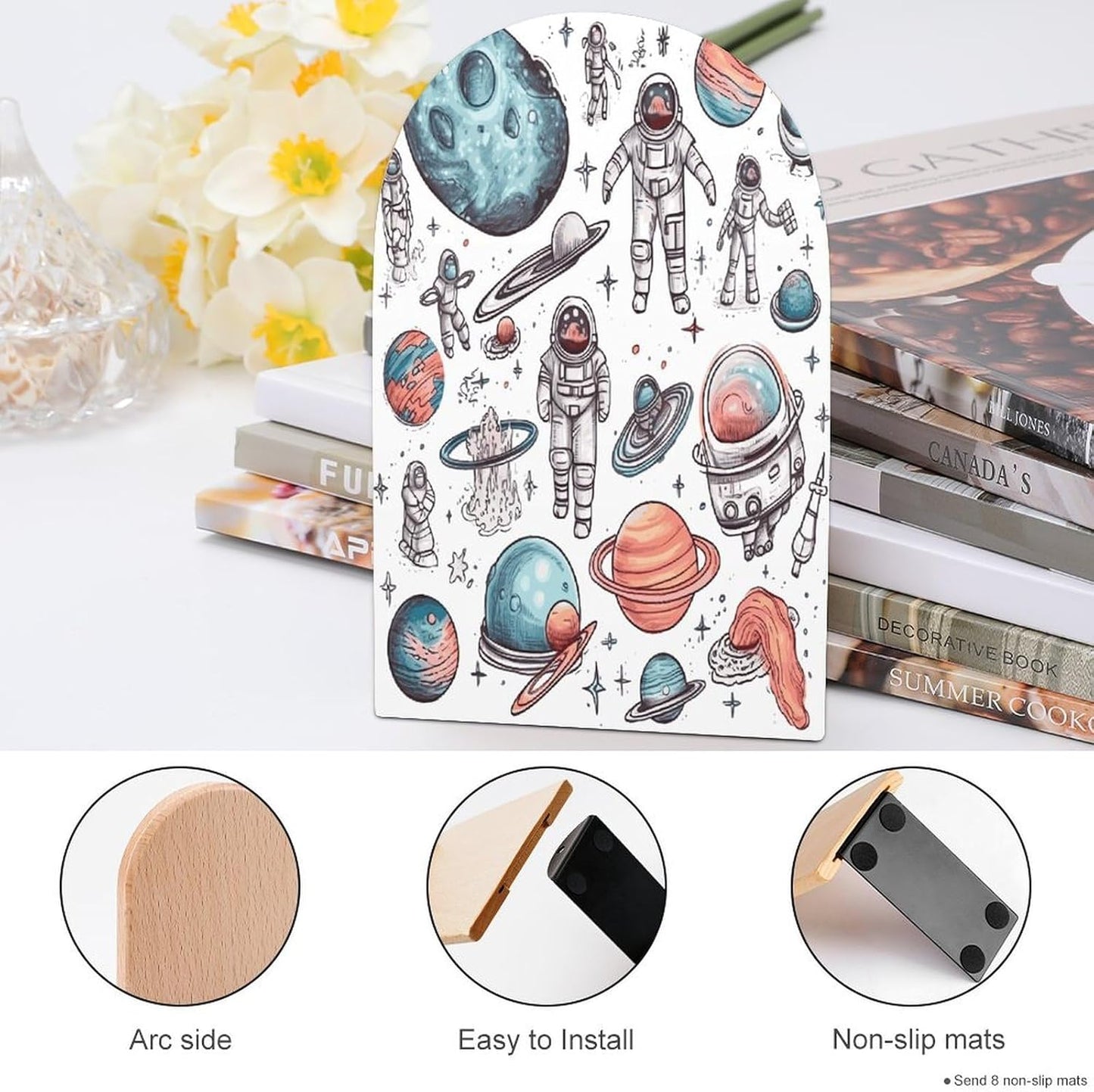 Space Theme Wooden Bookend Non-Slip Book Ends Heavy Duty Book Stopper with Metal Base Books Holderd Decorative Bookends Stands Firmly for Office Supplies